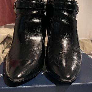 Anne Klein Black Patent Ankle Boots with Buckle Strap